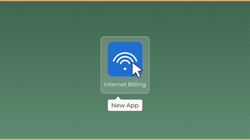 A spoofed internet billing desktop icon with the mouse hovering over it, revealing a tooltip that reads New App