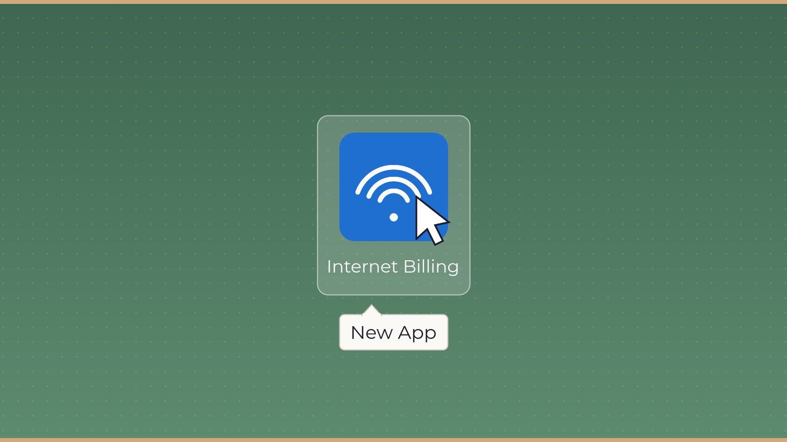 A spoofed internet billing desktop icon with the mouse hovering over it, revealing a tooltip that reads New App
